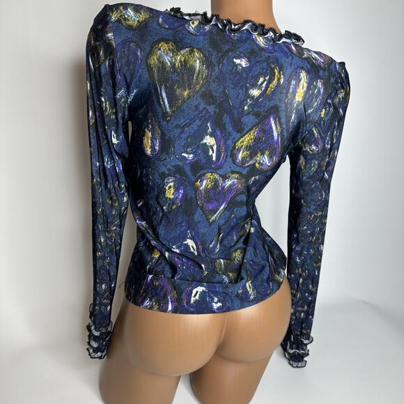 Y2k Roberto Cavalli Ruffle Heart Print Top S Italy Romantic Glam Designer Rare - Picture 2 of 14